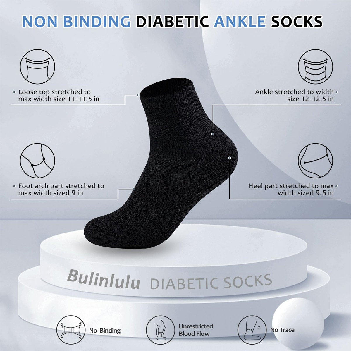 Bulinlulu Diabetikersocken für Damen und Herren, 6 Paar, nicht einschnürend, Knöchelsocken, Größe 9-12/10-13 (Schwarz, Large)
