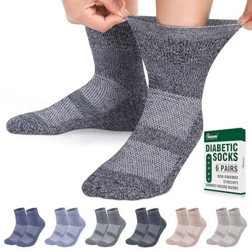 Bulinlulu Diabetikersocken für Damen und Herren, 6 Paar, nicht einschnürend, Knöchelsocken für Damen und Herren, Größe 9-12, 10-13 (Dunkel, Large)