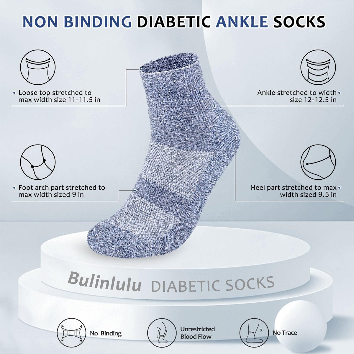 Bulinlulu Diabetikersocken für Damen und Herren, 6 Paar, nicht einschnürend, Knöchelsocken für Damen und Herren, Größe 9-12, 10-13 (Dunkel, Large)