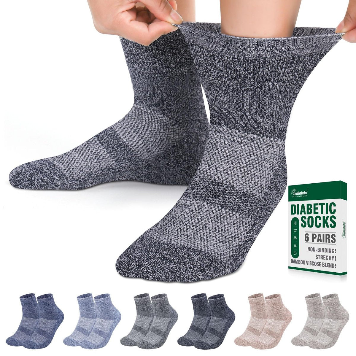 Bulinlulu Diabetikersocken für Damen und Herren, 6 Paar, nicht einschnürend, Knöchelsocken für Damen und Herren, Größe 9-12, 10-13 (Dunkel, Large)