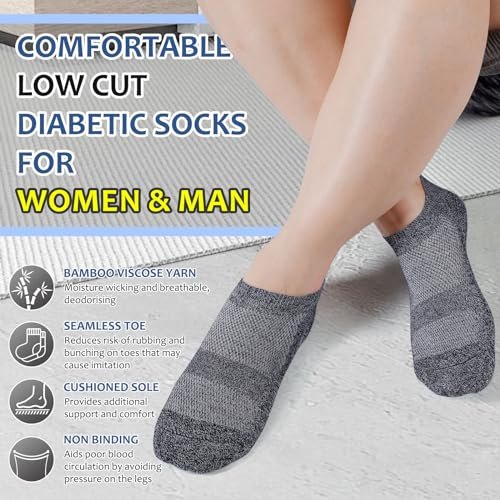 Bulinlulu Diabetikersocken für Damen und Herren, 6 Paar Niedrige Socken ohne Bindung, Bambus-Nahtlose Socken für Herren Größe 9-12 13-15 (Schwarz-Mittel)