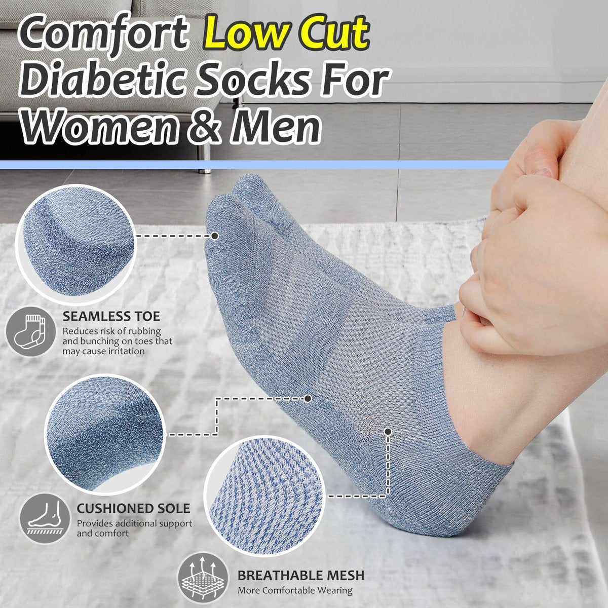 Bulinlulu Diabetikersocken für Damen und Herren, 6 Paar Niedrige Socken ohne Bindung, Bambus-Nahtlose Socken für Herren Größe 9-12 13-15 (Schwarz-Mittel)