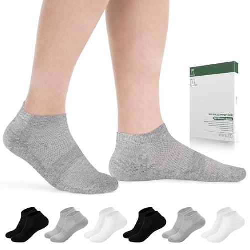Bulinlulu Diabetikersocken für Damen und Herren, 6 Paar Niedrig geschnittene, Nicht einschnürende Diabetikersocken, Knöchel-Nahtlose Socken für Männer 7-9 9-11 (B+W+G-Groß)