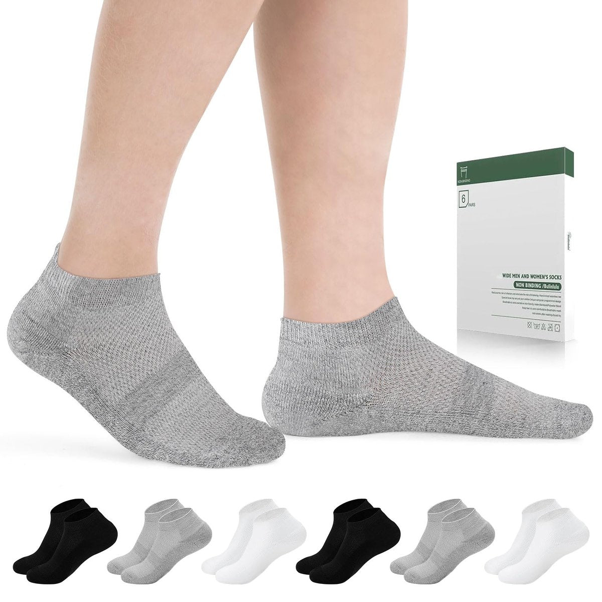Bulinlulu Diabetikersocken für Damen und Herren, 6 Paar Niedrig geschnittene, Nicht einschnürende Diabetikersocken, Knöchel-Nahtlose Socken für Männer 7-9 9-11 (B+W+G-Groß)