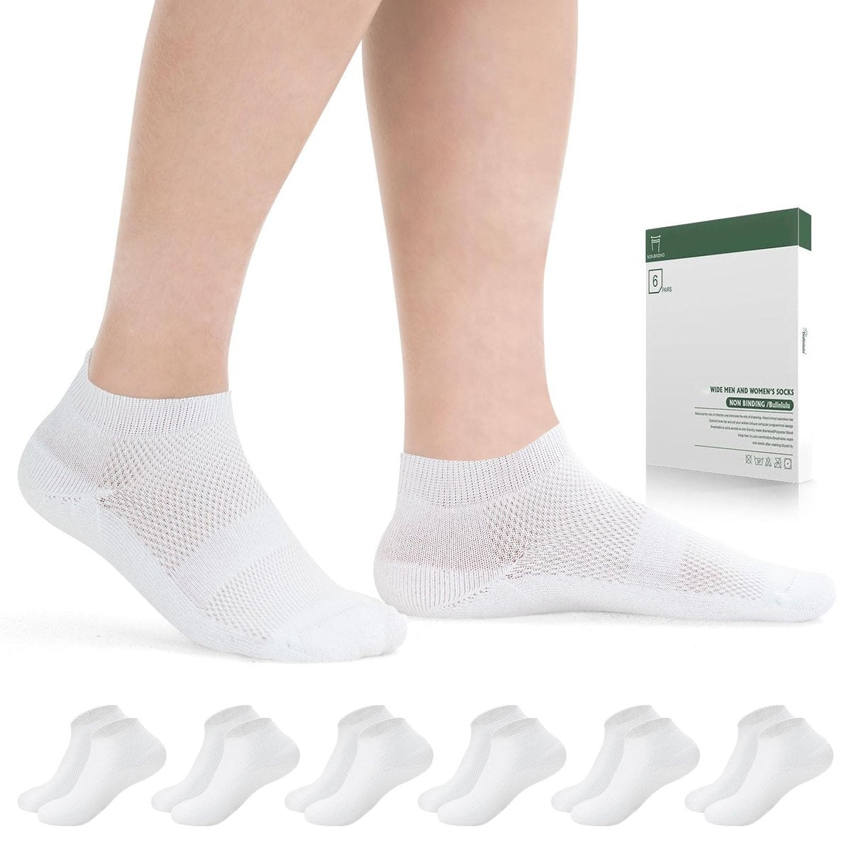Bulinlulu Diabetikersocken für Damen und Herren, 6 Paar Niedrig geschnittene, nicht einschnürende Diabetikersocken, Knöchel-Nahtlose Socken für Männer 6-9 9-12 (Weiß-Groß)