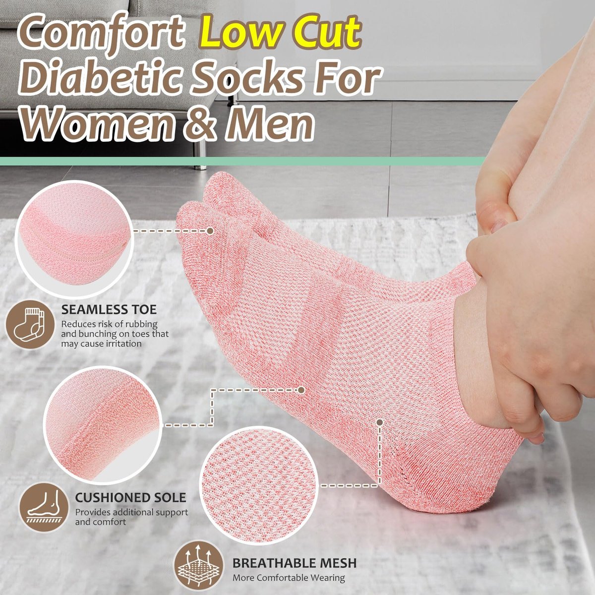Bulinlulu Diabetikersocken für Damen und Herren, 6 Paar Niedrig geschnittene, nicht einschnürende Diabetikersocken, Knöchel-Nahtlose Socken für Männer 6-9 9-12 (Weiß-Groß)