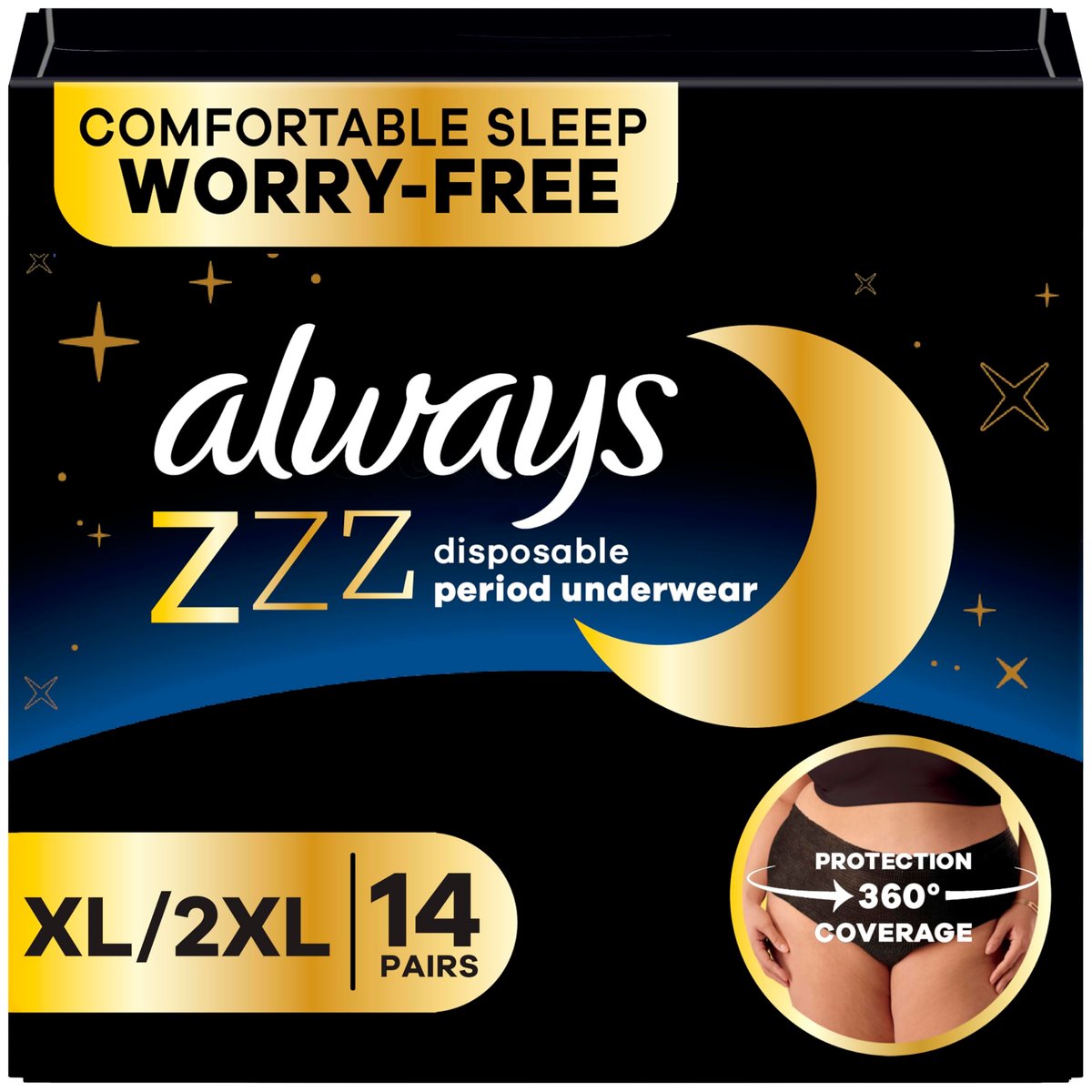Always ZZZ Overnight Einweg-Periode-Unterwäsche für Damen, Extra Large/2XL, 360°-Abdeckung für sorgenfreie Nächte, 14 Stück (2 Packungen à 7)