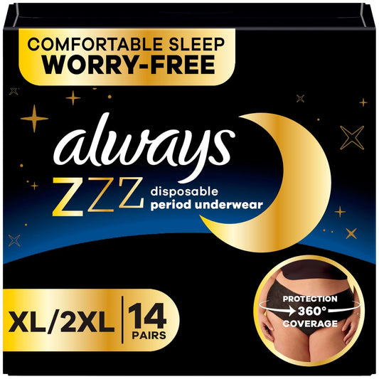 Always ZZZ Overnight Einweg-Periode-Unterwäsche für Damen, Extra Large/2XL, 360°-Abdeckung für sorgenfreie Nächte, 14 Stück (2 Packungen à 7)