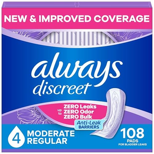 Always Discreet Inkontinenz-Einlagen für Frauen, trockener, 4 Tropfen, reguläre Länge, mittlere Saugstärke, Einlagen für Blasenkontrolle, Blasenschwäche & Wochenbett, 108 Stück