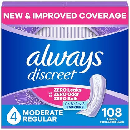 Always Discreet Inkontinenz-Einlagen für Frauen, trockener, 4 Tropfen, reguläre Länge, mittlere Saugstärke, Einlagen für Blasenkontrolle, Blasenschwäche & Wochenbett, 108 Stück