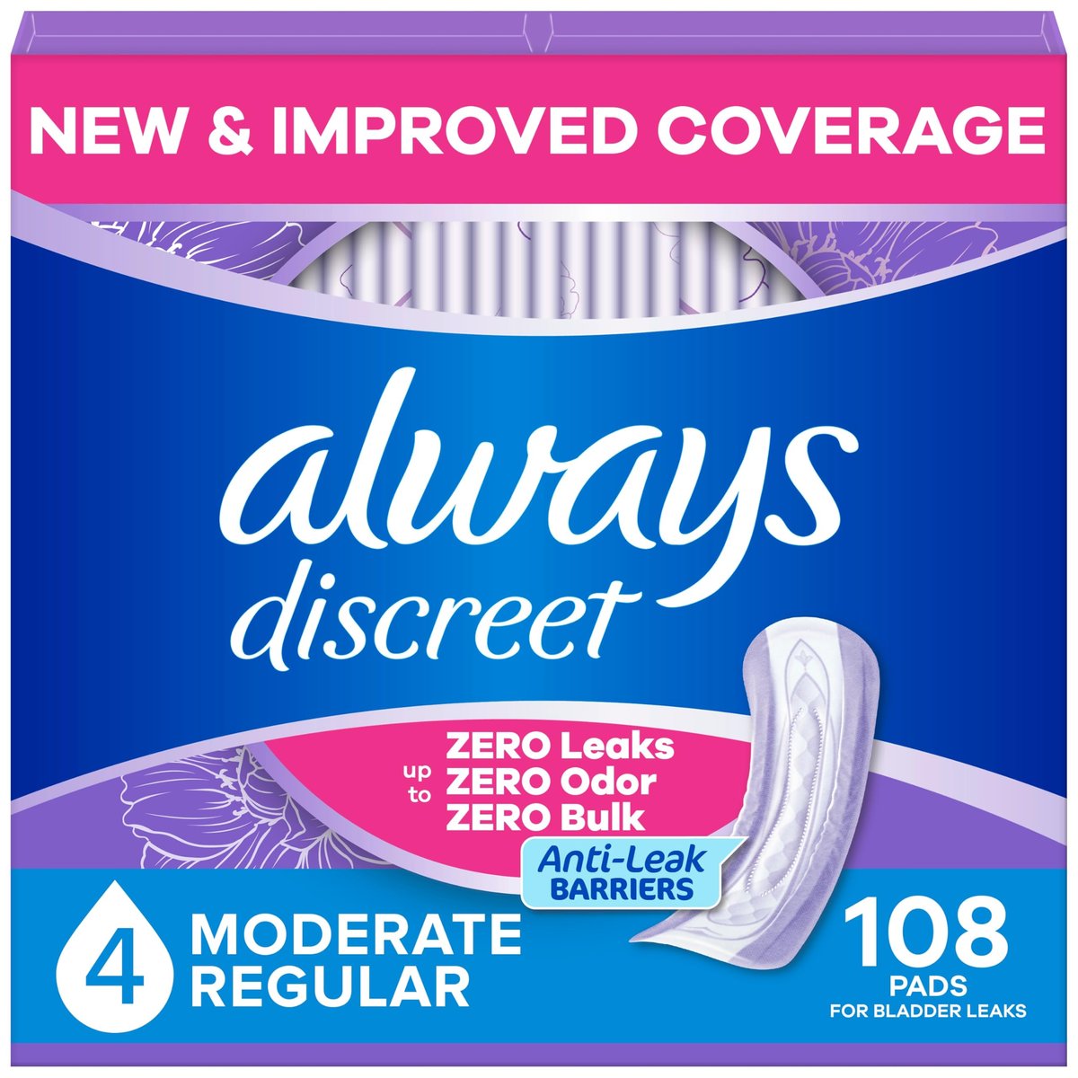 Always Discreet Inkontinenz-Einlagen für Frauen, trockener, 4 Tropfen, reguläre Länge, mittlere Saugstärke, Einlagen für Blasenkontrolle, Blasenschwäche & Wochenbett, 108 Stück