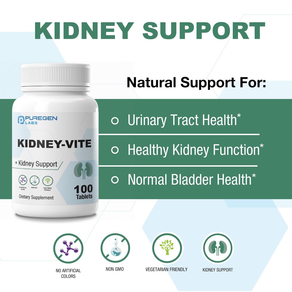Puregen Labs Kidney-Vite | Nierenunterstützung & Nierengesundheit | Nicht-GVO, glutenfrei, ohne künstliche Farbstoffe – 100 vegane Tabletten