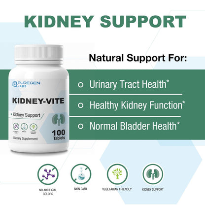 Puregen Labs Kidney-Vite | Nierenunterstützung & Nierengesundheit | Nicht-GVO, glutenfrei, ohne künstliche Farbstoffe – 100 vegane Tabletten