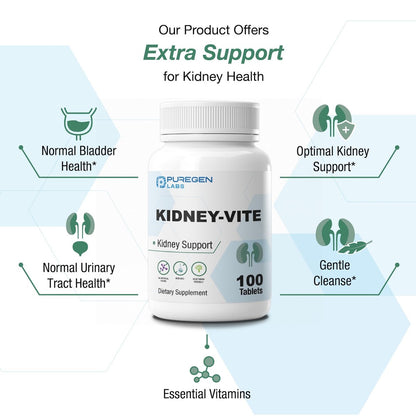 Puregen Labs Kidney-Vite | Nierenunterstützung & Nierengesundheit | Nicht-GVO, glutenfrei, ohne künstliche Farbstoffe – 100 vegane Tabletten
