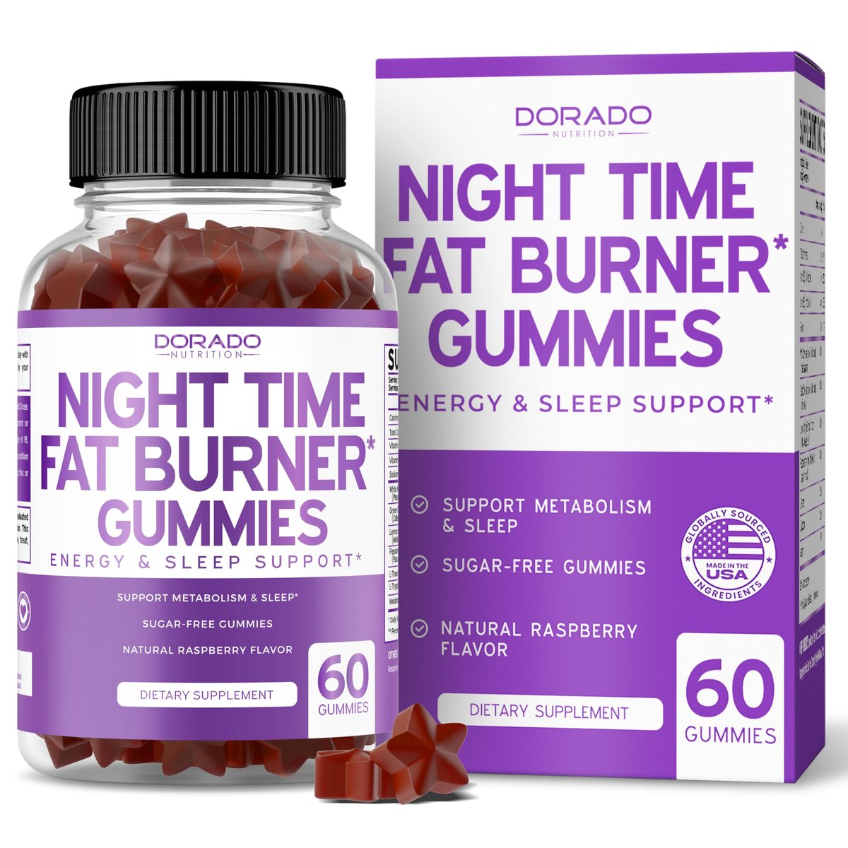 Nachtzeit Fatburner Gummibärchen (60 Stück) – Gewichtsverlust & Stoffwechsel – Zuckerfrei – Himbeergeschmack – Melatonin-Ergänzung – Vegan – Laborgeprüft – Hergestellt in den USA