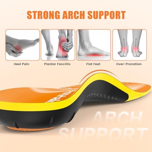 BestHalo Heavy Duty Plantar Fasciitis Einlegesohlen - 220+ lbs Hohe Fußgewölbeunterstützung Orthopädische Einlagen für Schmerzlinderung, Plattfüße, Fersenschmerzen, Arbeitsstiefel (Orange, Herren 9-10.5 | Damen 10-11.5)