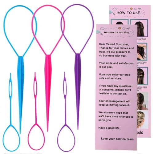 Aigee 6-teiliges Topsy Tail und Haar-Loop Styling-Werkzeugset – Ponytail-Maker, French Braid Loops in groß und klein, Haar-Durchziehhilfen (Pink, Blau, Lila) für Frauen und Mädchen