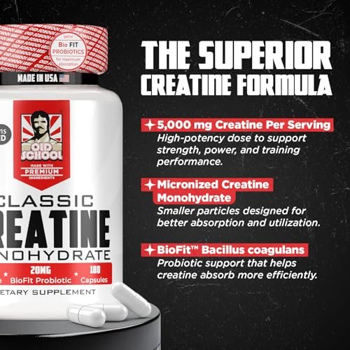 Old School Labs 5000 mg mikronisiertes Kreatin-Monohydrat mit BioFit™ Probiotikum – Blähungsfreie Erholung für Männer & Frauen, Unterstützt Muskelwachstum, Kraft & Leistung – Kapseln