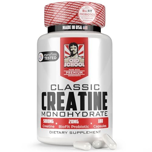 Old School Labs 5000 mg mikronisiertes Kreatin-Monohydrat mit BioFit™ Probiotikum – Blähungsfreie Erholung für Männer & Frauen, Unterstützt Muskelwachstum, Kraft & Leistung – Kapseln