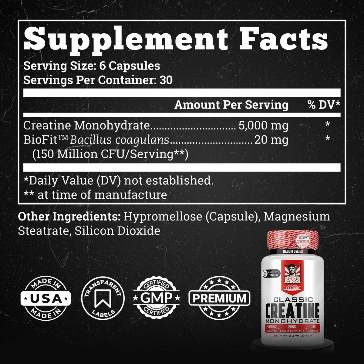 Old School Labs 5000 mg mikronisiertes Kreatin-Monohydrat mit BioFit™ Probiotikum – Blähungsfreie Erholung für Männer & Frauen, Unterstützt Muskelwachstum, Kraft & Leistung – Kapseln