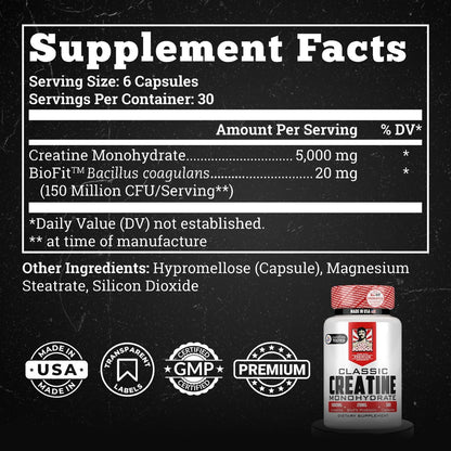 Old School Labs 5000 mg mikronisiertes Kreatin-Monohydrat mit BioFit™ Probiotikum – Blähungsfreie Erholung für Männer & Frauen, Unterstützt Muskelwachstum, Kraft & Leistung – Kapseln