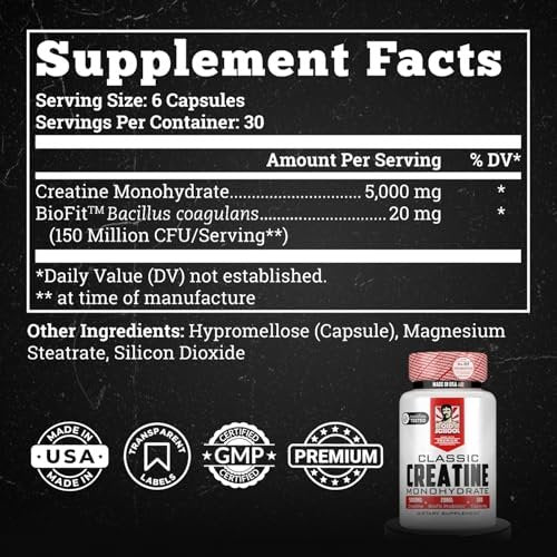 Old School Labs 5000 mg mikronisiertes Kreatin-Monohydrat mit BioFit™ Probiotikum – Blähungsfreie Erholung für Männer & Frauen, Unterstützt Muskelwachstum, Kraft & Leistung – Kapseln