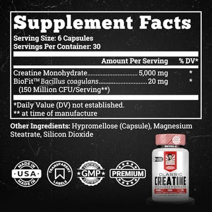 Old School Labs 5000 mg mikronisiertes Kreatin-Monohydrat mit BioFit™ Probiotikum – Blähungsfreie Erholung für Männer & Frauen, Unterstützt Muskelwachstum, Kraft & Leistung – Kapseln