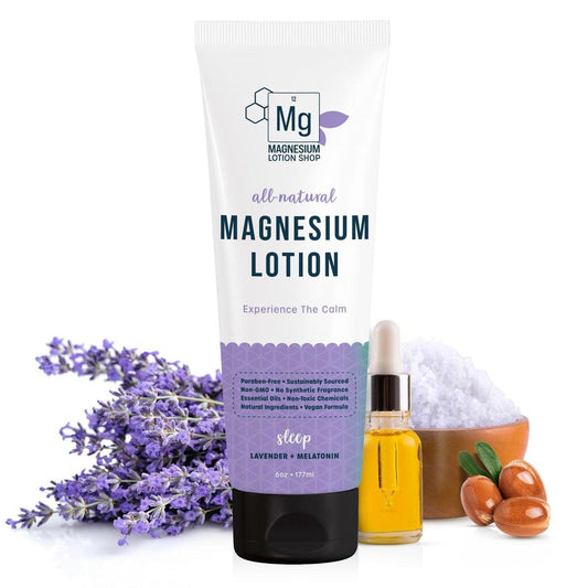 Lavendelduftende Melatonin-Magnesium-Lotion für den Schlaf | 250 mg Zechstein-Magnesium & 3 mg Melatonin pro Teelöffel | 6 oz Flasche Lavendellotion | Entspannende Aromatherapie | Stolz in Amerika hergestellt