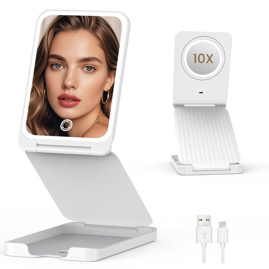 LAMPICK Reise-Makeup-Spiegel mit LED-Licht, zusammenklappbarer 1X-Schminkspiegel mit 10-facher Vergrößerung, wiederaufladbarer 1500-mAh-Akku, dimmbarer Touchscreen, Höhe und Winkel frei einstellbar