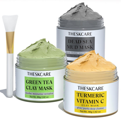 THESKCARE 3-teiliges Tonmasken-Set: Kurkuma Vitamin C, Totes Meer Schlamm, Grüner Tee – 240g (je 2,82 oz) für ölige Haut, Tiefenreinigung & strahlende Haut