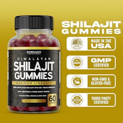 Shilajit Gummis für Männer & Frauen – Hochwirksame Goldqualität mit 85+ Spurenelementen und Fulvinsäure – Energie- und Immununterstützung – Drittanbieter getestet, vegan, ohne Gentechnik & hergestellt in den USA (60 Gummis)