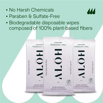 ALH Lavendel Rosenholz + Aloe Desinfizierende Handtücher – Saubere Hände, klarer Kopf – Desinfektionstücher für unterwegs für Kinder und Erwachsene – Reisegröße 3er-Pack, 20 Stück