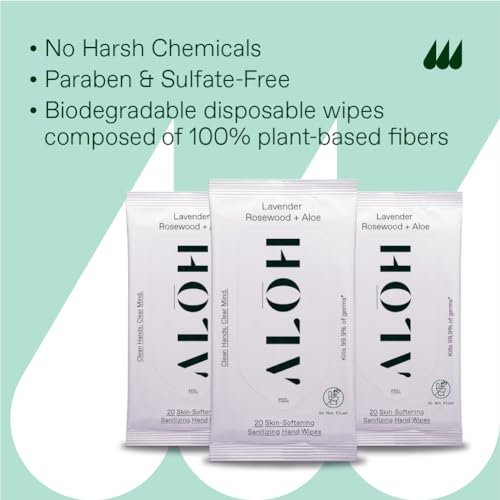 ALH Lavendel Rosenholz + Aloe Desinfizierende Handtücher – Saubere Hände, klarer Kopf – Desinfektionstücher für unterwegs für Kinder und Erwachsene – Reisegröße 3er-Pack, 20 Stück