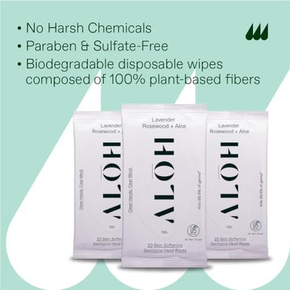 ALH Lavendel Rosenholz + Aloe Desinfizierende Handtücher – Saubere Hände, klarer Kopf – Desinfektionstücher für unterwegs für Kinder und Erwachsene – Reisegröße 3er-Pack, 20 Stück