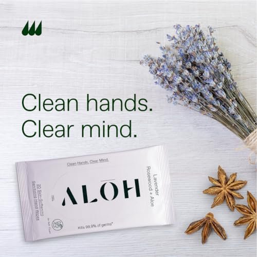 ALH Lavendel Rosenholz + Aloe Desinfizierende Handtücher – Saubere Hände, klarer Kopf – Desinfektionstücher für unterwegs für Kinder und Erwachsene – Reisegröße 3er-Pack, 20 Stück