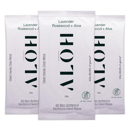 ALH Lavendel Rosenholz + Aloe Desinfizierende Handtücher – Saubere Hände, klarer Kopf – Desinfektionstücher für unterwegs für Kinder und Erwachsene – Reisegröße 3er-Pack, 20 Stück