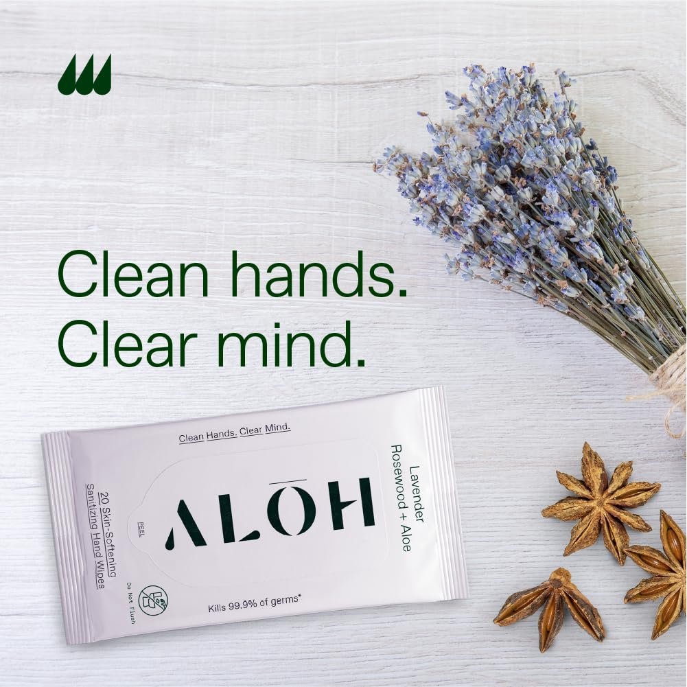 ALH Lavendel Rosenholz + Aloe Desinfizierende Handtücher – Saubere Hände, klarer Kopf – Desinfektionstücher für unterwegs für Kinder und Erwachsene – Reisegröße 3er-Pack, 20 Stück