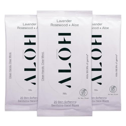 ALH Lavendel Rosenholz + Aloe Desinfizierende Handtücher – Saubere Hände, klarer Kopf – Desinfektionstücher für unterwegs für Kinder und Erwachsene – Reisegröße 3er-Pack, 20 Stück