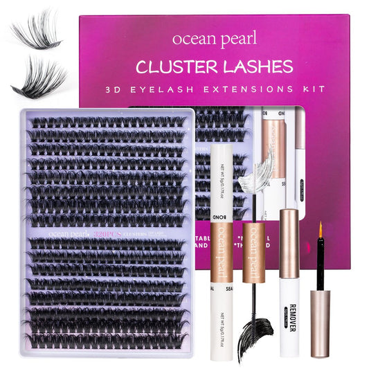 Ocean Pearl Wimperncluster 320 Stück 3D Dicke Wimperncluster Set 60D+80D Wimpern, Wimpernverlängerungsset mit Wimpernkleber + Versiegelung + Entferner + Pinzette, Wimperncluster Wimpernverlängerungen