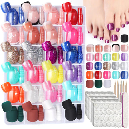 FANDAMEI Press on Toenails – 24 Farben, 576 Stück kurze Fake Zehennägel, French Tip, Glitzer, Glänzend & Matt für Nagelkunst