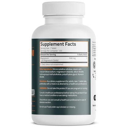 Bronson Magnesium 500 mg – Unterstützt Knochen- und Muskelgesundheit & Nervensystem – Non-GMO, 120 vegetarische Tabletten