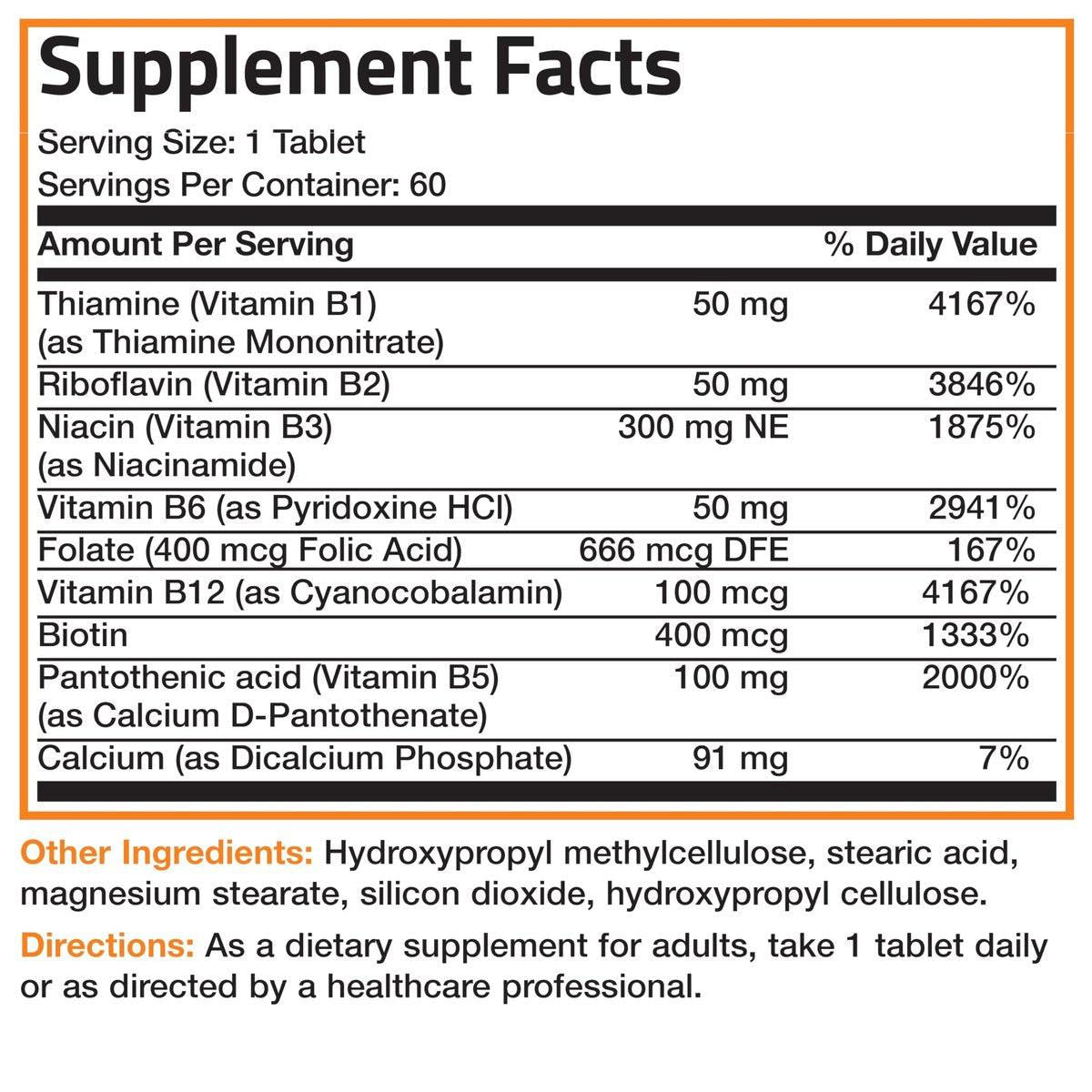 Bronson Super B Vitamin B Komplex mit verzögerter Freisetzung – Alle B-Vitamine (B1, B2, B3, B6, B9 Folsäure, B12) – 60 Tabletten