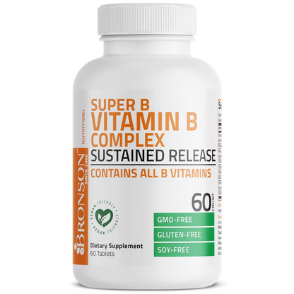 Bronson Super B Vitamin B Komplex mit verzögerter Freisetzung – Alle B-Vitamine (B1, B2, B3, B6, B9 Folsäure, B12) – 60 Tabletten