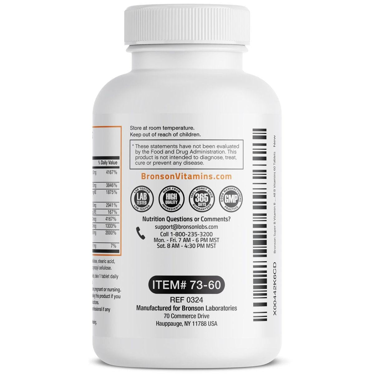 Bronson Super B Vitamin B Komplex mit verzögerter Freisetzung – Alle B-Vitamine (B1, B2, B3, B6, B9 Folsäure, B12) – 60 Tabletten