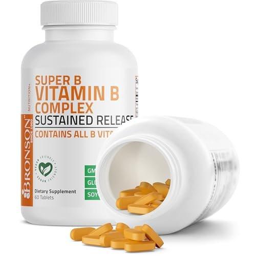 Bronson Super B Vitamin B Komplex mit verzögerter Freisetzung – Alle B-Vitamine (B1, B2, B3, B6, B9 Folsäure, B12) – 60 Tabletten