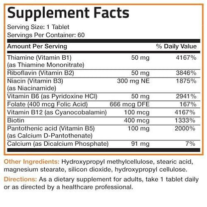 Bronson Super B Vitamin B Komplex mit verzögerter Freisetzung – Alle B-Vitamine (B1, B2, B3, B6, B9 Folsäure, B12) – 60 Tabletten