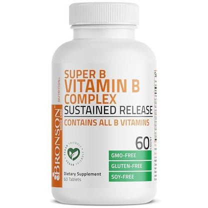 Bronson Super B Vitamin B Komplex mit verzögerter Freisetzung – Alle B-Vitamine (B1, B2, B3, B6, B9 Folsäure, B12) – 60 Tabletten