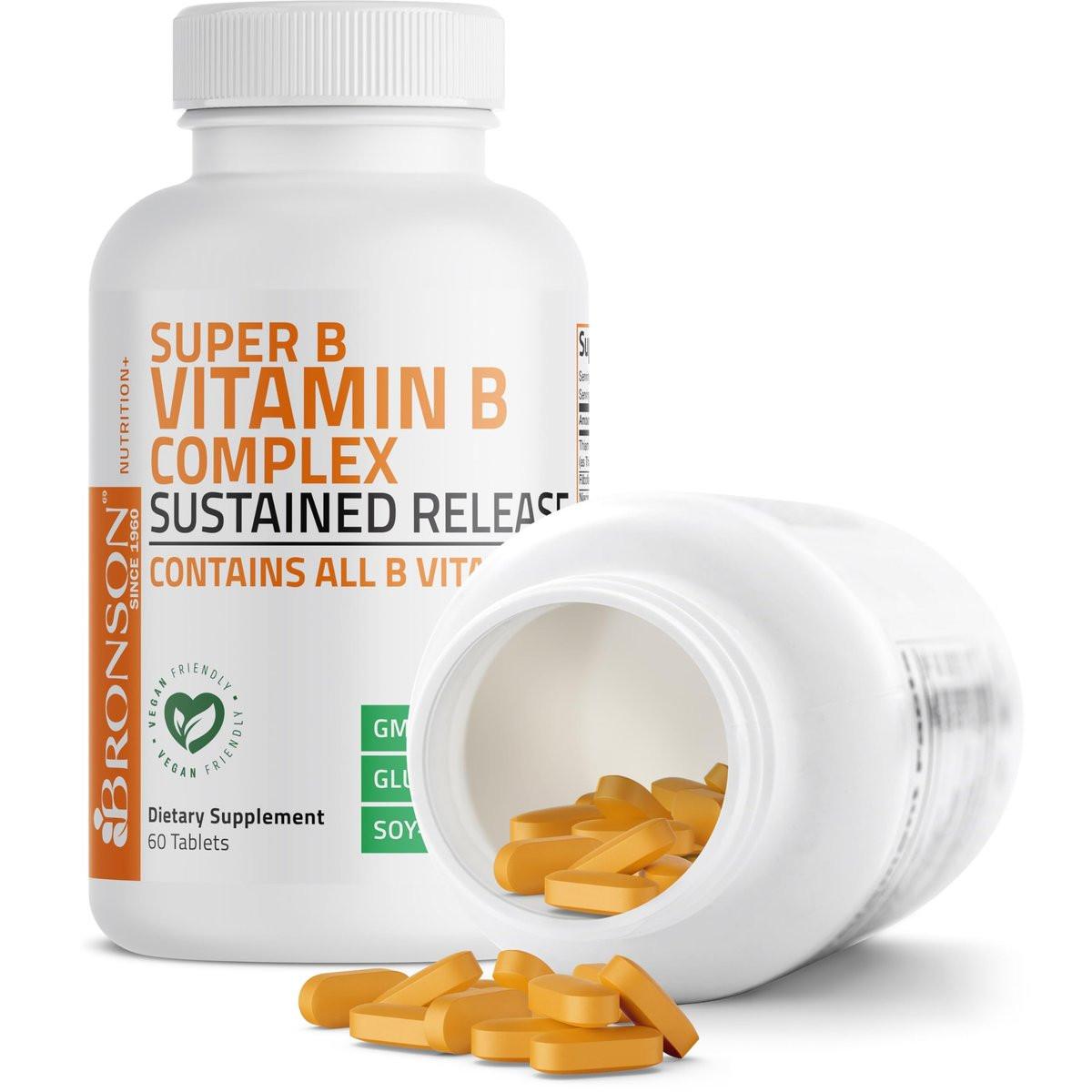 Bronson Super B Vitamin B Komplex mit verzögerter Freisetzung – Alle B-Vitamine (B1, B2, B3, B6, B9 Folsäure, B12) – 60 Tabletten