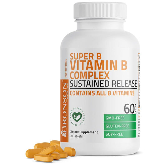 Bronson Super B Vitamin B Komplex mit verzögerter Freisetzung – Alle B-Vitamine (B1, B2, B3, B6, B9 Folsäure, B12) – 60 Tabletten