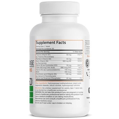Bronson Super B Vitamin B Komplex mit verzögerter Freisetzung – Alle B-Vitamine (B1, B2, B3, B6, B9 Folsäure, B12) – 60 Tabletten